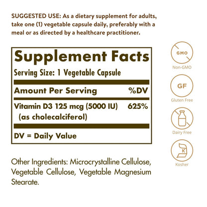 Solgar Vitamin D3 (Cholecalciferol) 125 µg (5000 IE) – 120 vegane Kapseln für starke Knochen & Immunsystem – Non-GMO, glutenfrei, laktosefrei, koscher