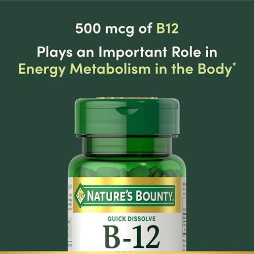 Nature's Bounty Vitamin B12 500 mcg – 100 Schnell lösliche Tabletten zur Unterstützung des Energiestoffwechsels und des Nervensystems