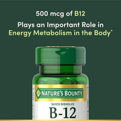 Nature's Bounty Vitamin B12 500 mcg – 100 Schnell lösliche Tabletten zur Unterstützung des Energiestoffwechsels und des Nervensystems