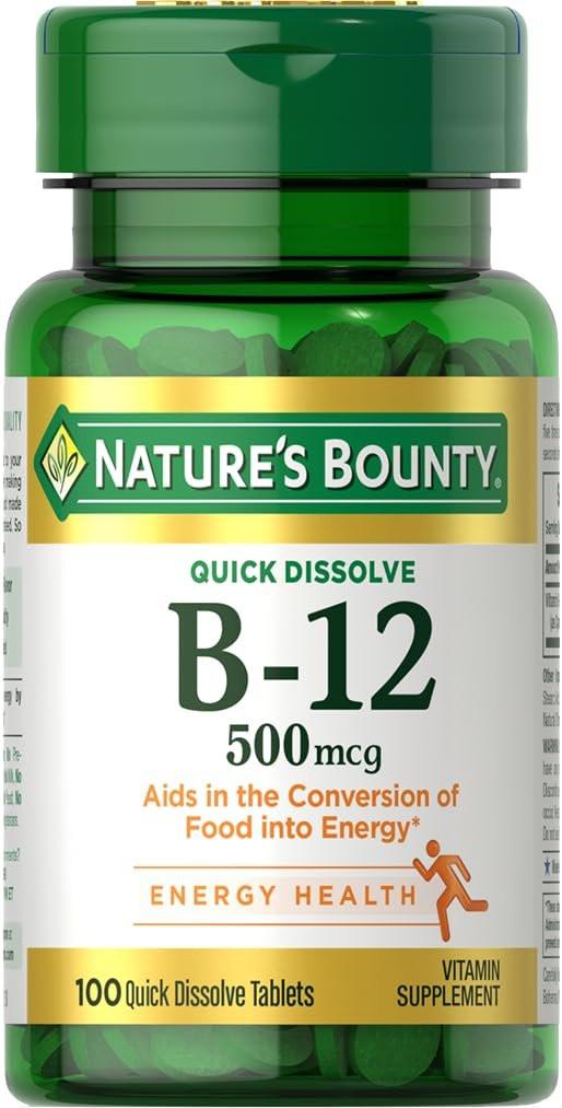 Nature's Bounty Vitamin B12 500 mcg – 100 Schnell lösliche Tabletten zur Unterstützung des Energiestoffwechsels und des Nervensystems