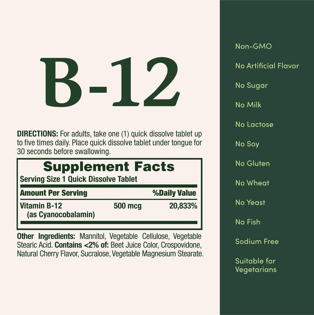 Nature's Bounty Vitamin B12 500 mcg – 100 Schnell lösliche Tabletten zur Unterstützung des Energiestoffwechsels und des Nervensystems