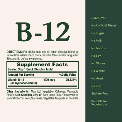 Nature's Bounty Vitamin B12 500 mcg – 100 Schnell lösliche Tabletten zur Unterstützung des Energiestoffwechsels und des Nervensystems