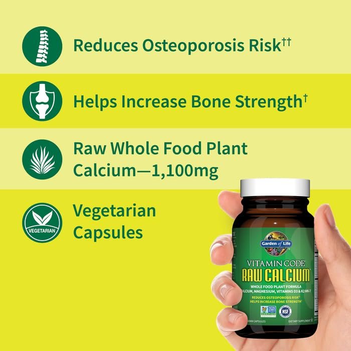 Garden of Life Raw Calcium – Nahrungsergänzungsmittel aus Vollwertkost mit Magnesium, Vitamin K2, D3 und C sowie Probiotika, 60 Kapseln