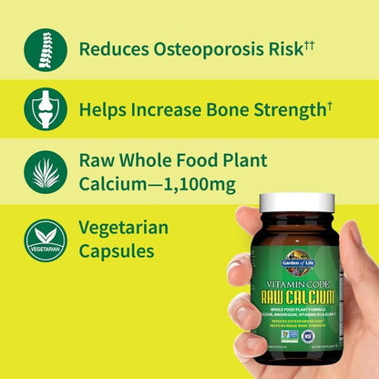 Garden of Life Raw Calcium – Nahrungsergänzungsmittel aus Vollwertkost mit Magnesium, Vitamin K2, D3 und C sowie Probiotika, 60 Kapseln