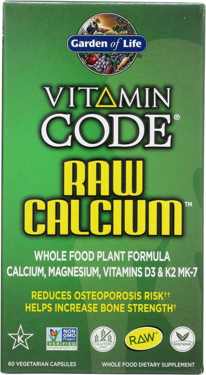 Garden of Life Raw Calcium – Nahrungsergänzungsmittel aus Vollwertkost mit Magnesium, Vitamin K2, D3 und C sowie Probiotika, 60 Kapseln
