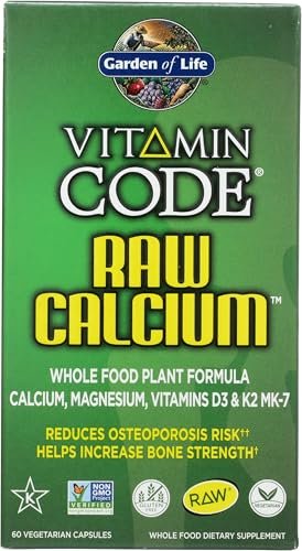 Garden of Life Raw Calcium – Nahrungsergänzungsmittel aus Vollwertkost mit Magnesium, Vitamin K2, D3 und C sowie Probiotika, 60 Kapseln