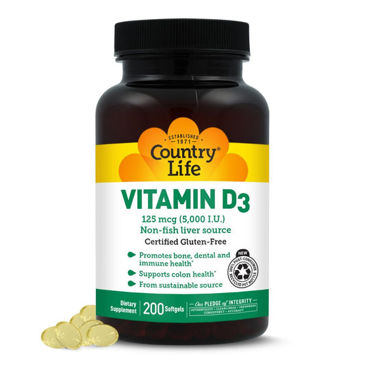 Country Life Vitamin D3 5000 IE – Hochdosiertes Vitamin D für Immunsystem, Knochengesundheit, Calciumaufnahme und Darmgesundheit – Nachhaltige Quelle aus Lanolin, verschiedene Stärken erhältlich