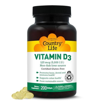 Country Life Vitamin D3 5000 IE – Hochdosiertes Vitamin D für Immunsystem, Knochengesundheit, Calciumaufnahme und Darmgesundheit – Nachhaltige Quelle aus Lanolin, verschiedene Stärken erhältlich