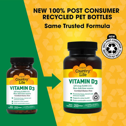 Country Life Vitamin D3 5000 IE – Hochdosiertes Vitamin D für Immunsystem, Knochengesundheit, Calciumaufnahme und Darmgesundheit – Nachhaltige Quelle aus Lanolin, verschiedene Stärken erhältlich