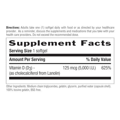 Country Life Vitamin D3 5000 IE – Hochdosiertes Vitamin D für Immunsystem, Knochengesundheit, Calciumaufnahme und Darmgesundheit – Nachhaltige Quelle aus Lanolin, verschiedene Stärken erhältlich