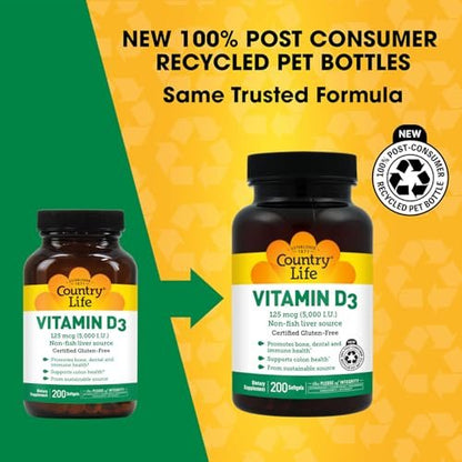 Country Life Vitamin D3 5000 IE – Hochdosiertes Vitamin D für Immunsystem, Knochengesundheit, Calciumaufnahme und Darmgesundheit – Nachhaltige Quelle aus Lanolin, verschiedene Stärken erhältlich