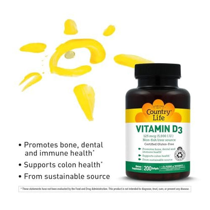 Country Life Vitamin D3 5000 IE – Hochdosiertes Vitamin D für Immunsystem, Knochengesundheit, Calciumaufnahme und Darmgesundheit – Nachhaltige Quelle aus Lanolin, verschiedene Stärken erhältlich