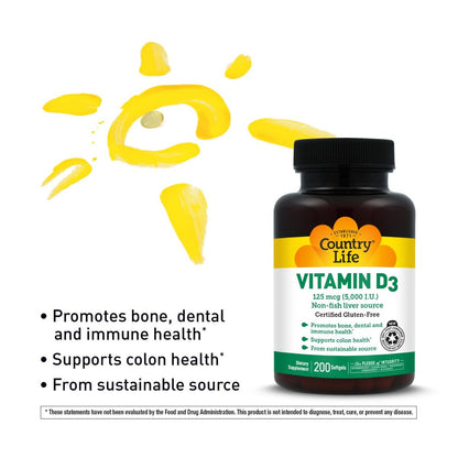 Country Life Vitamin D3 5000 IE – Hochdosiertes Vitamin D für Immunsystem, Knochengesundheit, Calciumaufnahme und Darmgesundheit – Nachhaltige Quelle aus Lanolin, verschiedene Stärken erhältlich