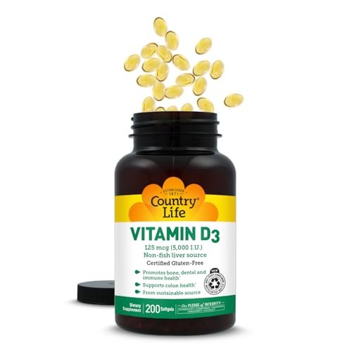 Country Life Vitamin D3 5000 IE – Hochdosiertes Vitamin D für Immunsystem, Knochengesundheit, Calciumaufnahme und Darmgesundheit – Nachhaltige Quelle aus Lanolin, verschiedene Stärken erhältlich