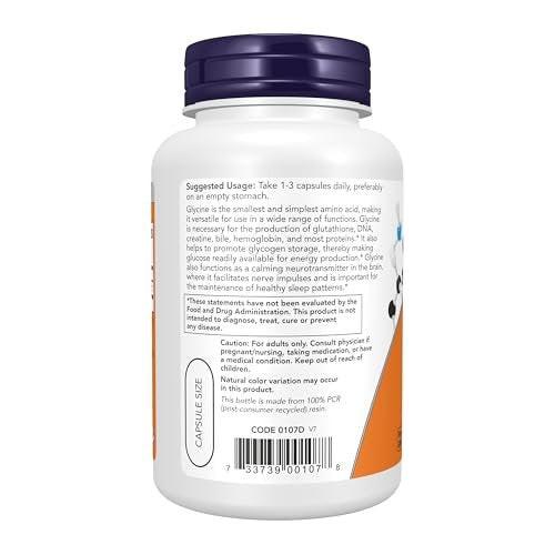 NOW Foods Glycin 1.000 mg, freie Form, 100 vegane Kapseln - Unterstützung für Neurotransmitter