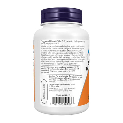 NOW Foods Glycin 1.000 mg, freie Form, 100 vegane Kapseln - Unterstützung für Neurotransmitter