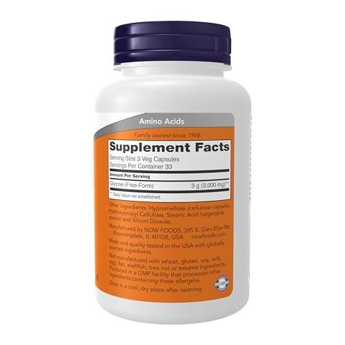 NOW Foods Glycin 1.000 mg, freie Form, 100 vegane Kapseln - Unterstützung für Neurotransmitter