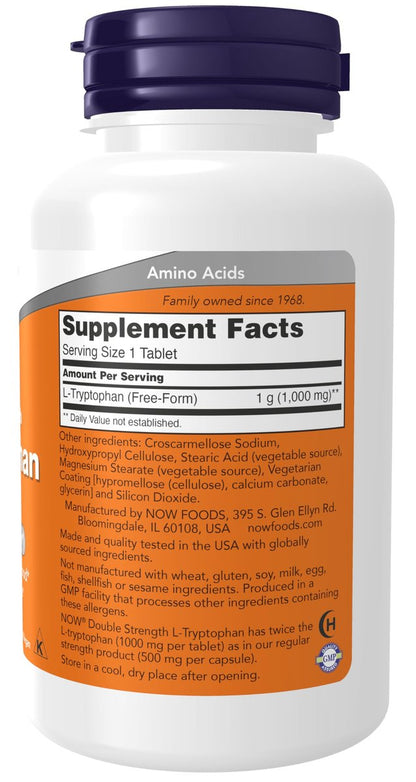 NOW Foods L-Tryptophan 1000 mg, Doppelte Stärke, Fördert positive Stimmung*, Unterstützt Entspannung*, 60 Tabletten