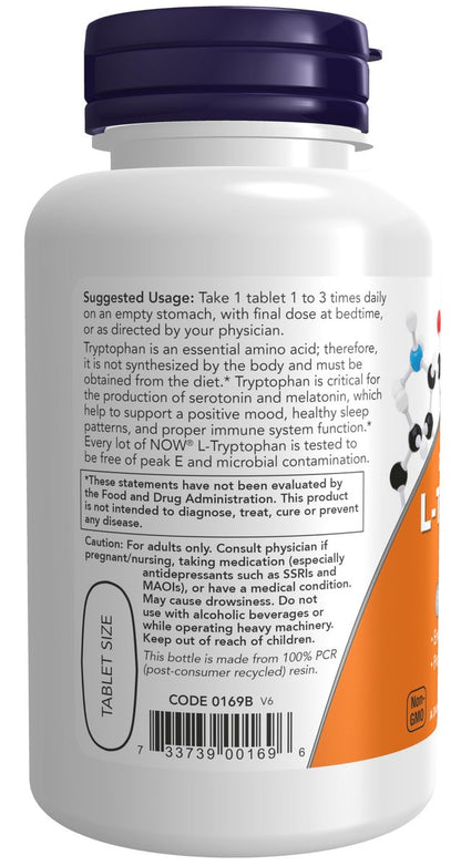 NOW Foods L-Tryptophan 1000 mg, Doppelte Stärke, Fördert positive Stimmung*, Unterstützt Entspannung*, 60 Tabletten