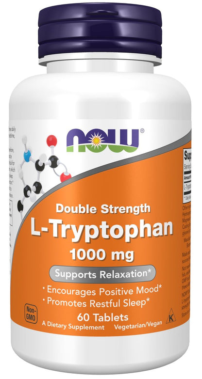 NOW Foods L-Tryptophan 1000 mg, Doppelte Stärke, Fördert positive Stimmung*, Unterstützt Entspannung*, 60 Tabletten