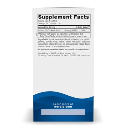 Nordic Naturals Vitamin D3 1000 IE, Orange – 120 Mini-Weichkapseln – Unterstützt Knochen, Stimmung & Immunsystem – Non-GMO