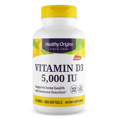 Healthy Origins Vitamin D3 (Lanolin) 5.000 IE Weichkapseln – Knochengesundheit & Immununterstützung – Leicht absorbierbares Vitamin-D-Präparat – glutenfrei – 360 Weichkapseln