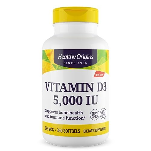 Healthy Origins Vitamin D3 (Lanolin) 5.000 IE Weichkapseln – Knochengesundheit & Immununterstützung – Leicht absorbierbares Vitamin-D-Präparat – glutenfrei – 360 Weichkapseln