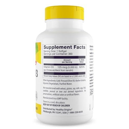 Healthy Origins Vitamin D3 (Lanolin) 5.000 IE Weichkapseln – Knochengesundheit & Immununterstützung – Leicht absorbierbares Vitamin-D-Präparat – glutenfrei – 360 Weichkapseln
