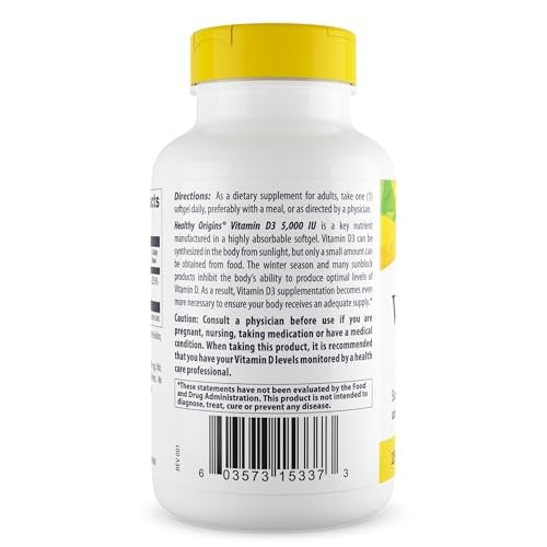 Healthy Origins Vitamin D3 (Lanolin) 5.000 IE Weichkapseln – Knochengesundheit & Immununterstützung – Leicht absorbierbares Vitamin-D-Präparat – glutenfrei – 360 Weichkapseln