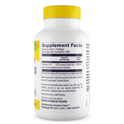 Healthy Origins Vitamin D3 (Lanolin) 5.000 IE Weichkapseln – Knochengesundheit & Immununterstützung – Leicht absorbierbares Vitamin-D-Präparat – glutenfrei – 360 Weichkapseln