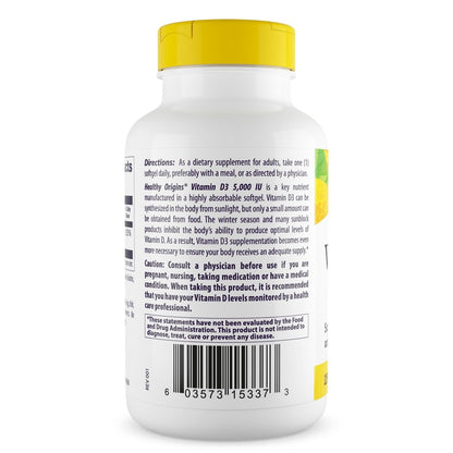 Healthy Origins Vitamin D3 (Lanolin) 5.000 IE Weichkapseln – Knochengesundheit & Immununterstützung – Leicht absorbierbares Vitamin-D-Präparat – glutenfrei – 360 Weichkapseln