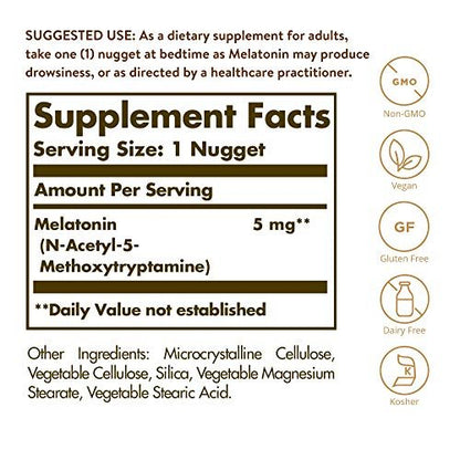 Solgar Melatonin 5 mg, 120 Nuggets – Fördert Entspannung & erholsamen Schlaf – klinisch getestetes Melatonin – vegan, glutenfrei, laktosefrei, koscher – 120 Portionen