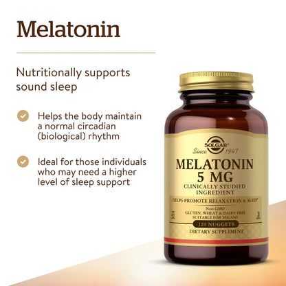 Solgar Melatonin 5 mg, 120 Nuggets – Fördert Entspannung & erholsamen Schlaf – klinisch getestetes Melatonin – vegan, glutenfrei, laktosefrei, koscher – 120 Portionen