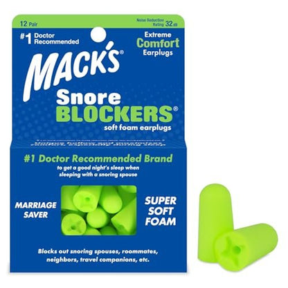 Mack’s Snore Blockers Ohrstöpsel aus weichem Schaumstoff, 12 Paar – 32 dB NRR, 37 dB SNR – Bequeme Ohrenstöpsel für Schlafen, Schnarchen, lauten Lärm und Reisen