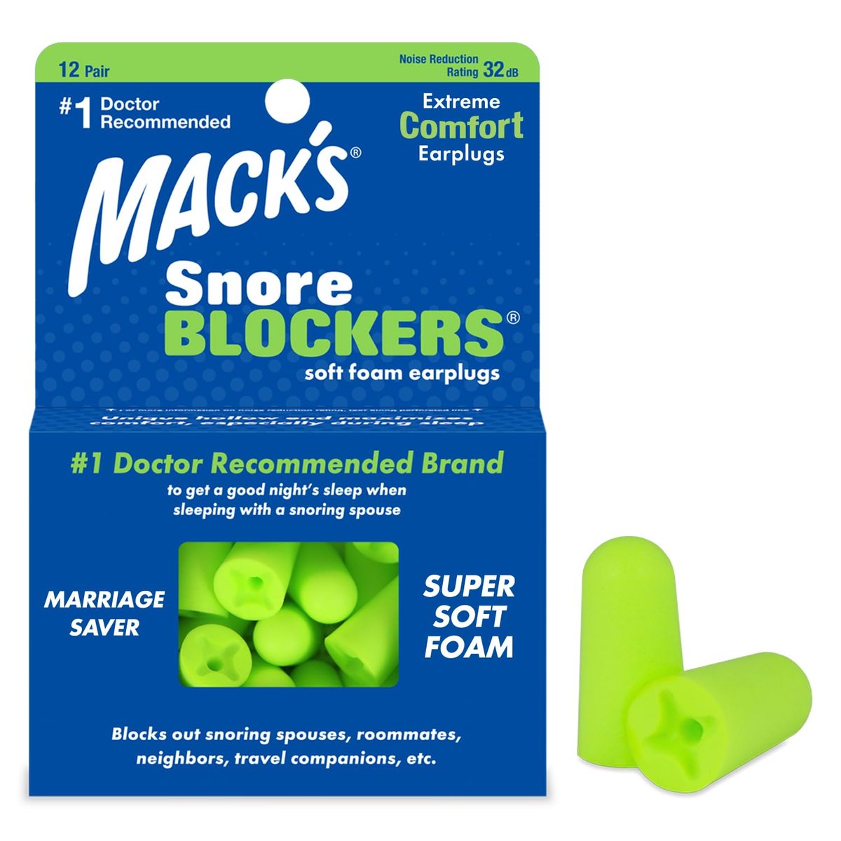 Mack’s Snore Blockers Ohrstöpsel aus weichem Schaumstoff, 12 Paar – 32 dB NRR, 37 dB SNR – Bequeme Ohrenstöpsel für Schlafen, Schnarchen, lauten Lärm und Reisen