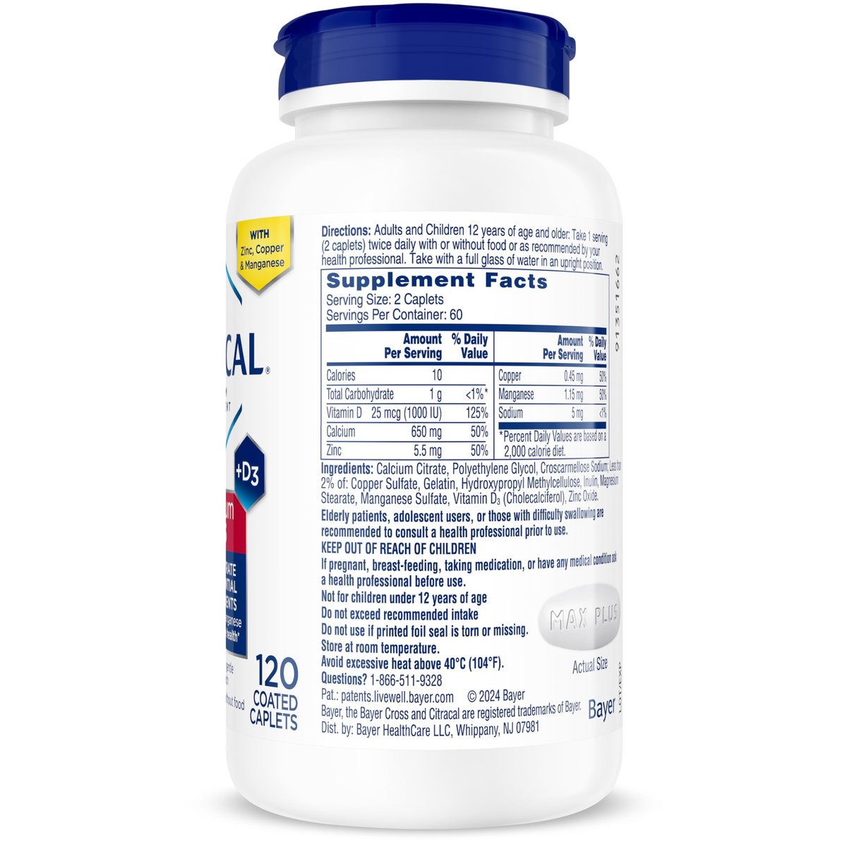Citracal Maximum Plus Calcium Supplement – Calciumcitrat mit Vitamin D3, Zink & essentiellen Mineralien zur Unterstützung der Knochengesundheit, ab 12 Jahren, 120 Kapseln (Verpackung kann variieren)