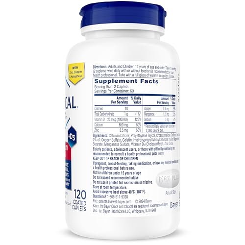 Citracal Maximum Plus Calcium Supplement – Calciumcitrat mit Vitamin D3, Zink & essentiellen Mineralien zur Unterstützung der Knochengesundheit, ab 12 Jahren, 120 Kapseln (Verpackung kann variieren)