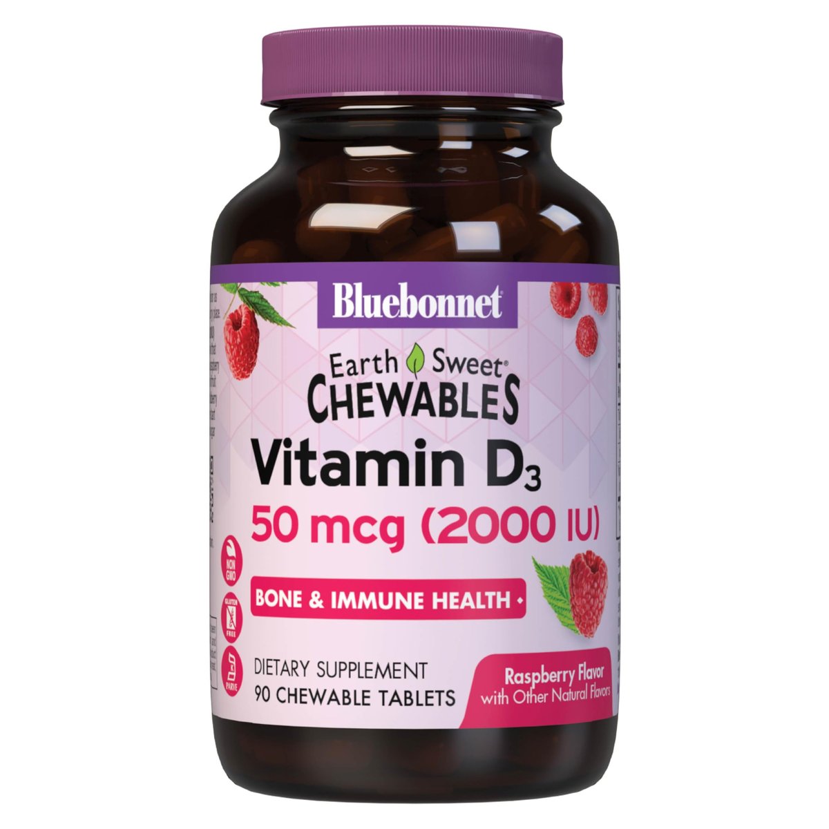 Bluebonnet Nutrition Earth Sweet Vitamin D3 2000 IE Kautabletten – Fördert Muskel- und Knochenwachstum, Nicht GVO, Glutenfrei, Sojafrei, Milchfrei, Koscher, 90 Kautabletten, Himbeergeschmack