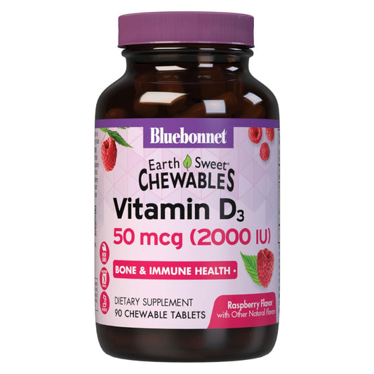 Bluebonnet Nutrition Earth Sweet Vitamin D3 2000 IE Kautabletten – Fördert Muskel- und Knochenwachstum, Nicht GVO, Glutenfrei, Sojafrei, Milchfrei, Koscher, 90 Kautabletten, Himbeergeschmack