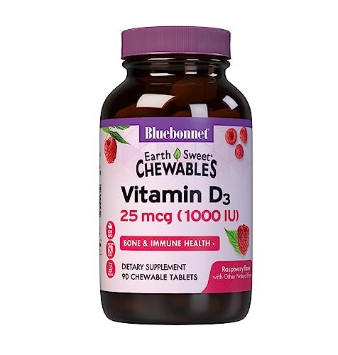 Bluebonnet Nutrition EarthSweet Vitamin D3 1000 IE – Himbeer-Kauftabletten für Knochen & Immunsystem – Sojafrei, glutenfrei, nicht-GVO – 90 Tabletten