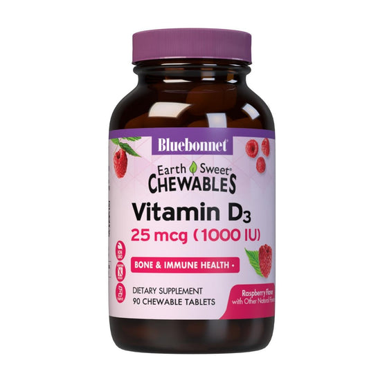Bluebonnet Nutrition EarthSweet Vitamin D3 1000 IE – Himbeer-Kauftabletten für Knochen & Immunsystem – Sojafrei, glutenfrei, nicht-GVO – 90 Tabletten