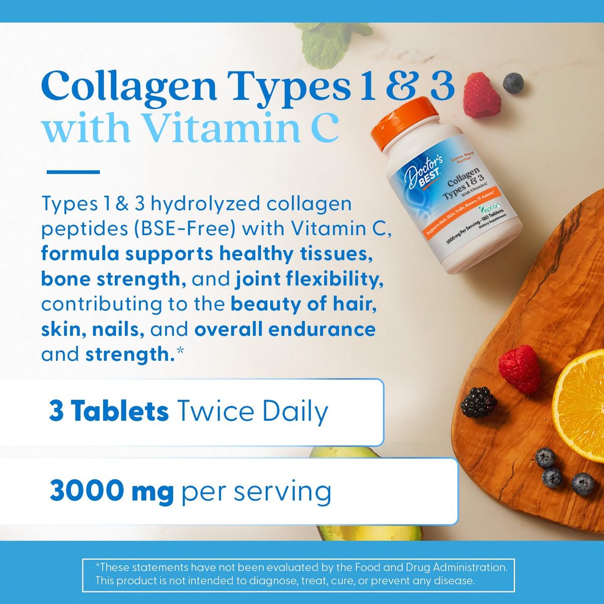 Doctor's Best Kollagenpeptide Typ 1 & 3 – Nahrungsergänzungsmittel für Frauen & Männer, unterstützt Haare, Haut, Nägel & Gelenke, mit 30 mg Vitamin C & 3 g Protein pro Portion, Nicht-GVO – 180 Tabletten