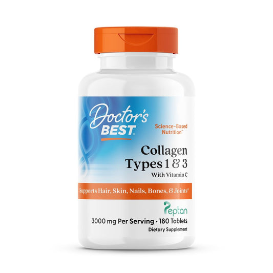 Doctor's Best Kollagenpeptide Typ 1 & 3 – Nahrungsergänzungsmittel für Frauen & Männer, unterstützt Haare, Haut, Nägel & Gelenke, mit 30 mg Vitamin C & 3 g Protein pro Portion, Nicht-GVO – 180 Tabletten