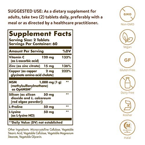 Solgar Haut, Nägel & Haare, Fortschrittliche MSM-Formel, 120 Tabletten – Unterstützt Kollagen für Haar-, Nagel- und Hautgesundheit – Liefert Zink, Vitamin C & Kupfer – Nicht GVO, vegan, gluten- & laktosefrei – 60 Portionen