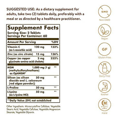 Solgar Haut, Nägel & Haare, Fortschrittliche MSM-Formel, 120 Tabletten – Unterstützt Kollagen für Haar-, Nagel- und Hautgesundheit – Liefert Zink, Vitamin C & Kupfer – Nicht GVO, vegan, gluten- & laktosefrei – 60 Portionen