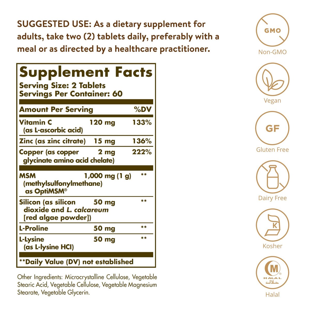 Solgar Haut, Nägel & Haare, Fortschrittliche MSM-Formel, 120 Tabletten – Unterstützt Kollagen für Haar-, Nagel- und Hautgesundheit – Liefert Zink, Vitamin C & Kupfer – Nicht GVO, vegan, gluten- & laktosefrei – 60 Portionen
