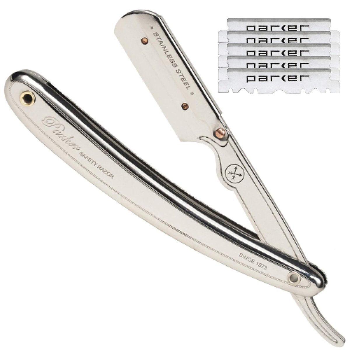 Parker SR1 Edelstahl-Rasierer mit gerader Klinge – Professionelle Shavette für Friseure und den Heimgebrauch mit 5 hochwertigen Platin-Halbklingen – Austauschbare Klinge für eine gründliche, sanfte Rasur