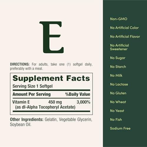 Nature's Bounty Vitamin E 1000 IE Weichkapseln – Unterstützt die antioxidative Gesundheit und das Immunsystem, 1 Portion pro Tag, glutenfrei, 60 Weichkapseln (1er Pack)