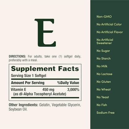 Nature's Bounty Vitamin E 1000 IE Weichkapseln – Unterstützt die antioxidative Gesundheit und das Immunsystem, 1 Portion pro Tag, glutenfrei, 60 Weichkapseln (1er Pack)