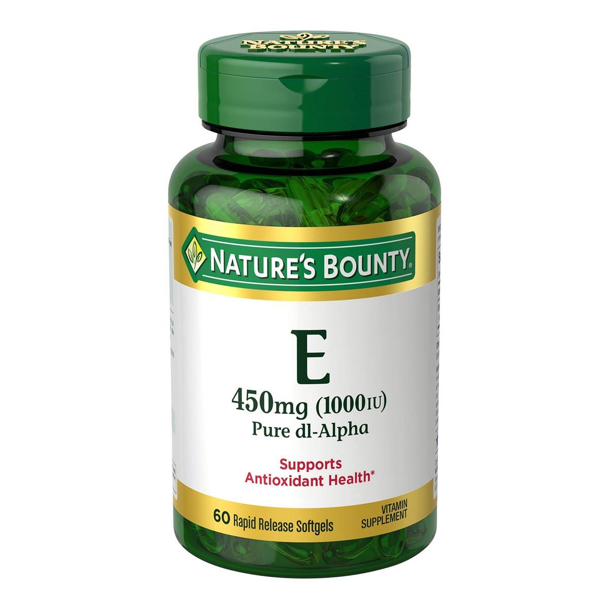 Nature's Bounty Vitamin E 1000 IE Weichkapseln – Unterstützt die antioxidative Gesundheit und das Immunsystem, 1 Portion pro Tag, glutenfrei, 60 Weichkapseln (1er Pack)